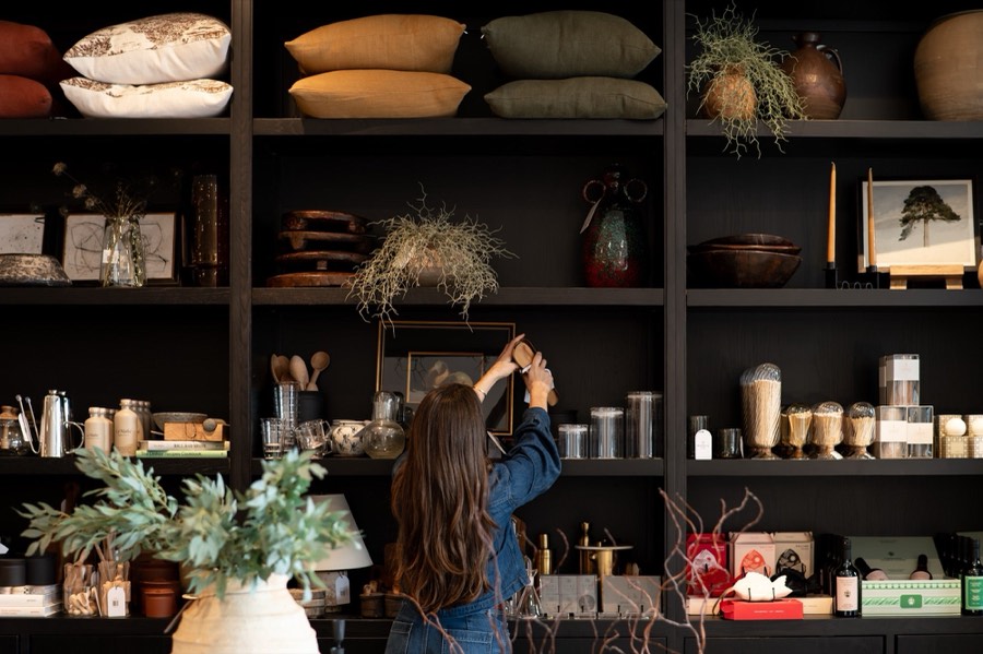 Curated decor styled on the showroom shelves