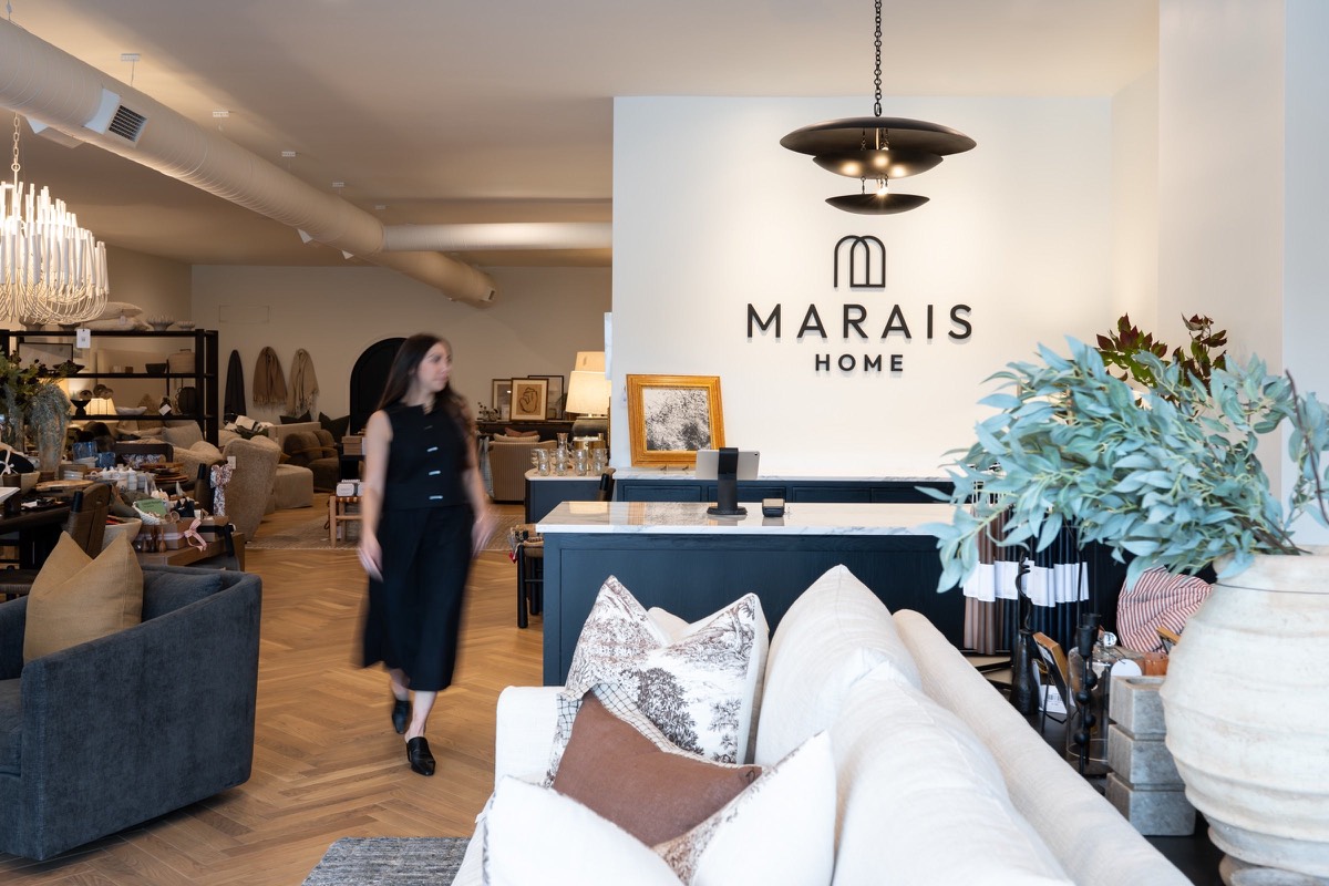 A styled living-room vignette in the Marais Home showroom